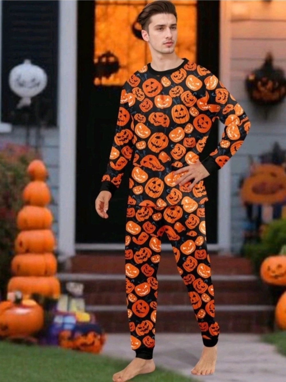 Men's Halloween Pumpkin Jack-O'-Lantern Costume Pajama Set - Orange & Black